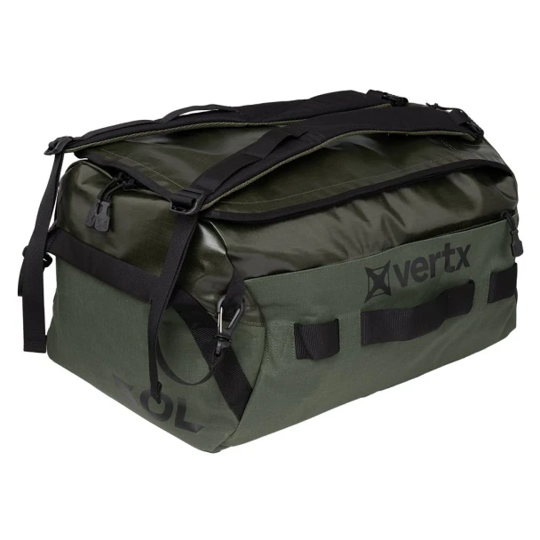 Vertx RLT 50L Duffel Bag VTX-VTX5096 Ranger Green three-quarter side view showing shoulder strap attachment and side pocket

