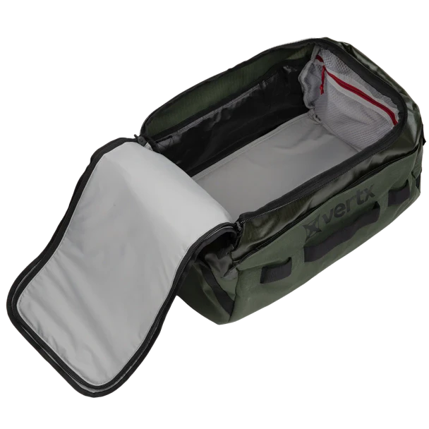 Vertx RLT 50L Duffel Bag VTX-VTX5096 Ranger Green interior open showing full gray-lined main compartment with lid laid flat

