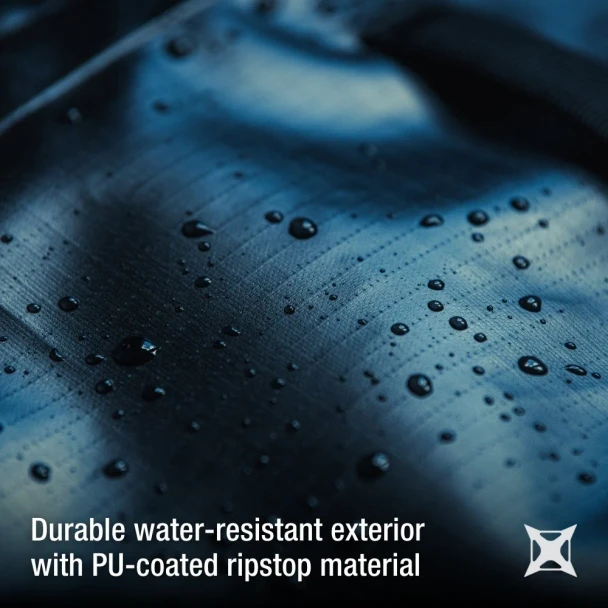 Vertx RLT 50L Duffel Bag VTX-VTX5096 close-up of water beading on PU-coated ripstop exterior material
