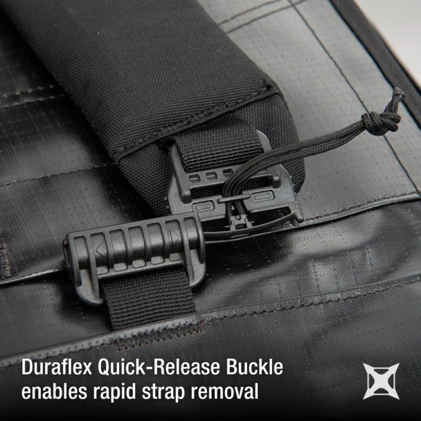 Vertx RLT 50L Duffel Bag VTX-VTX5096 black Duraflex Quick-Release Buckle close-up on shoulder strap hardware

