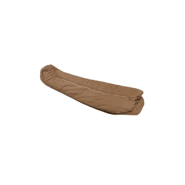 Snugpak Special Forces Complete System coyote brown inner sleeping bag zipped closed showing full mummy profile from side angle