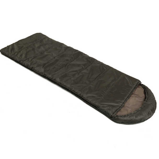 Snugpak Basecamp Ops Nautilus olive sleeping bag laid flat showing full-length side zipper and semi-rectangular profile with square foot end partially open revealing tan interior lining