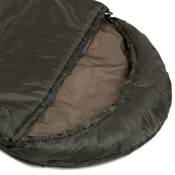 Snugpak Basecamp Ops Nautilus olive close-up of hood opening showing two-way zipper partially open drawcord collar detail and tan interior lining