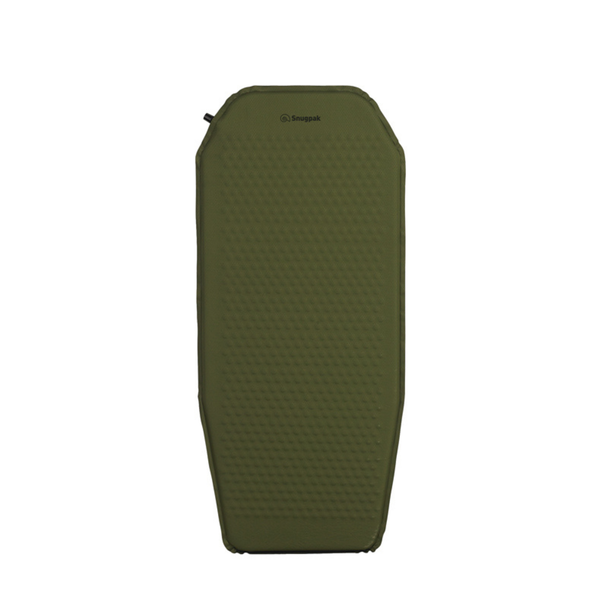 Snugpak Basecamp Ops Self Inflating Midi Mat olive full mat laid flat showing tapered mummy shape with angled shoulder cut, honeycomb embossed top surface, and black valve at top left corner
