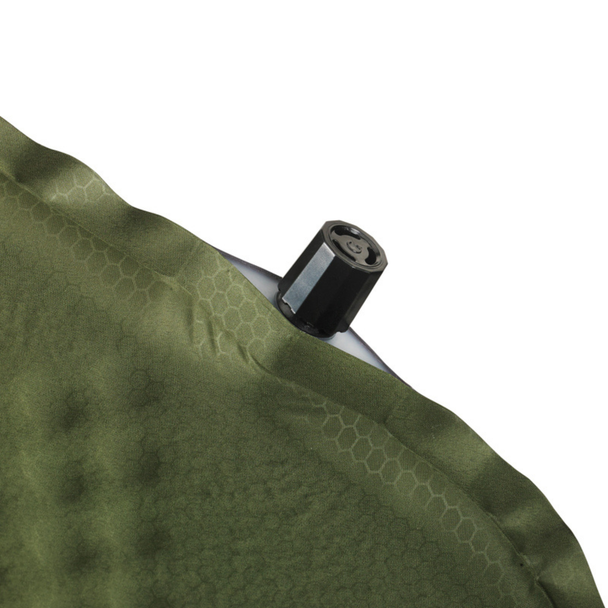 Snugpak Basecamp Ops Self Inflating Midi Mat olive close-up of black blow and lock valve showing twist-lock cap detail and hexagonal embossed fabric texture on top surface at valve corner