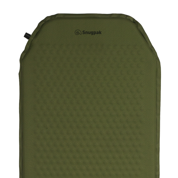Snugpak Basecamp Ops Self Inflating Maxi Mat olive close-up of upper half showing Snugpak logo, honeycomb embossed top surface texture, and black blow and lock valve at top left corner
