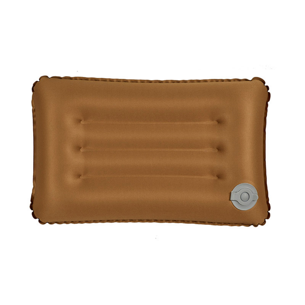 Snugpak Basecamp Air Pillow coyote tan back face fully inflated showing three horizontal channel seams and gray twist-lock inflation valve at lower right corner
