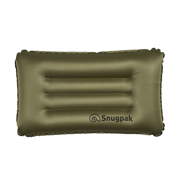 Snugpak Basecamp Air Pillow olive drab front face fully inflated showing Snugpak logo and three horizontal channel seams across sleeping surface