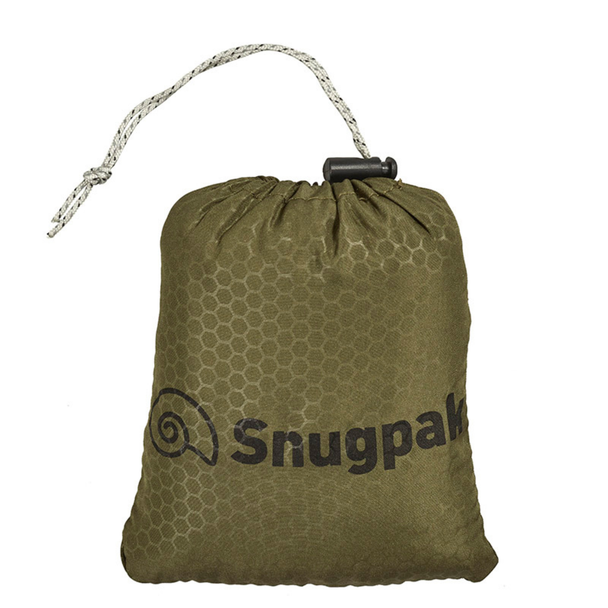 Snugpak Basecamp Air Pillow olive drab stuff sack with drawstring and cord lock closure showing Snugpak logo and honeycomb print pattern on tan fabric
