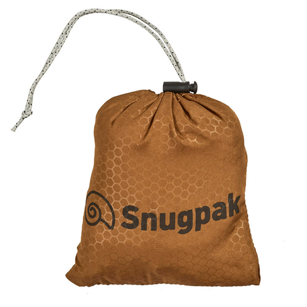 Snugpak Basecamp Air Pillow coyote tan stuff sack with drawstring and cord lock closure showing Snugpak logo and honeycomb print pattern on tan fabric
