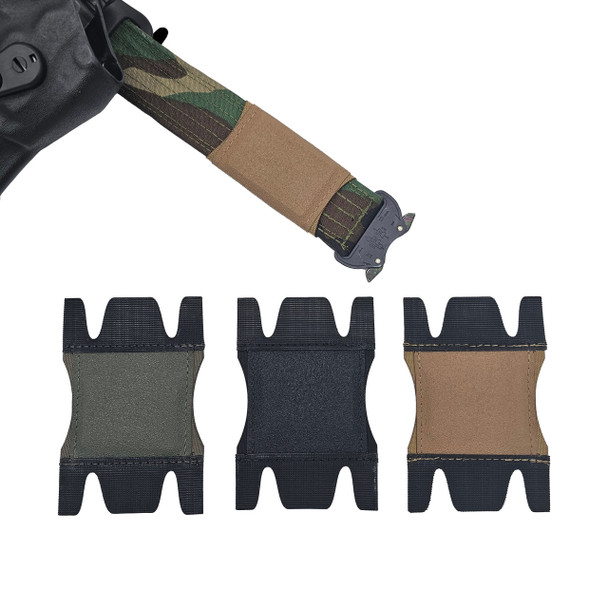 Esstac 1.75" Belt Magnet olive drab, black, and coyote color variants shown with olive magnet mounted on camo belt holding a tool