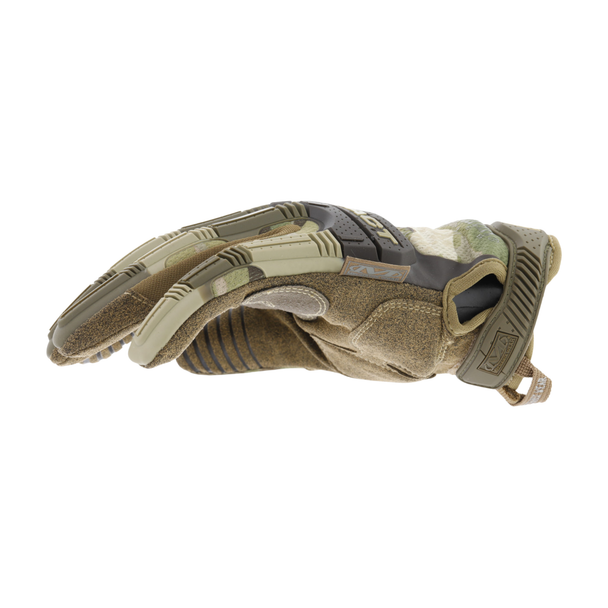 Mechanix M-Pact Glove Camo side profile view laid flat showing closure tab, cuff, and palm side seam