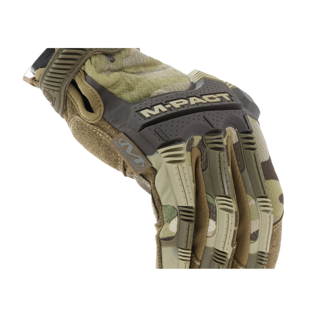 Mechanix M-Pact Glove Camo close up angled view with fingers curled showing fingertip panel and knuckle guard from the side