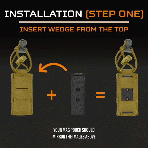 KORE Essentials Swinger Mount installation step one graphic showing wedge inserted from top into mag pouch
