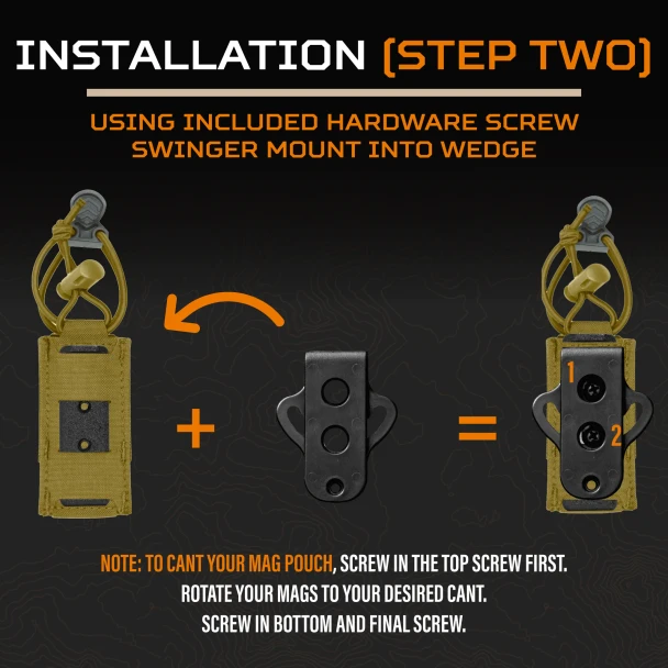 KORE Essentials Swinger Mount installation step two graphic showing mounting screw securing swinger mount into wedge
