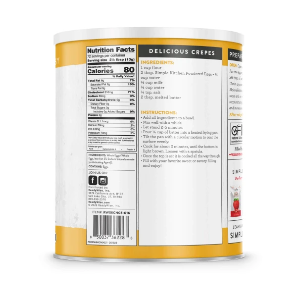 Simple Kitchen Freeze-Dried Powdered Eggs Can (72 Servings)