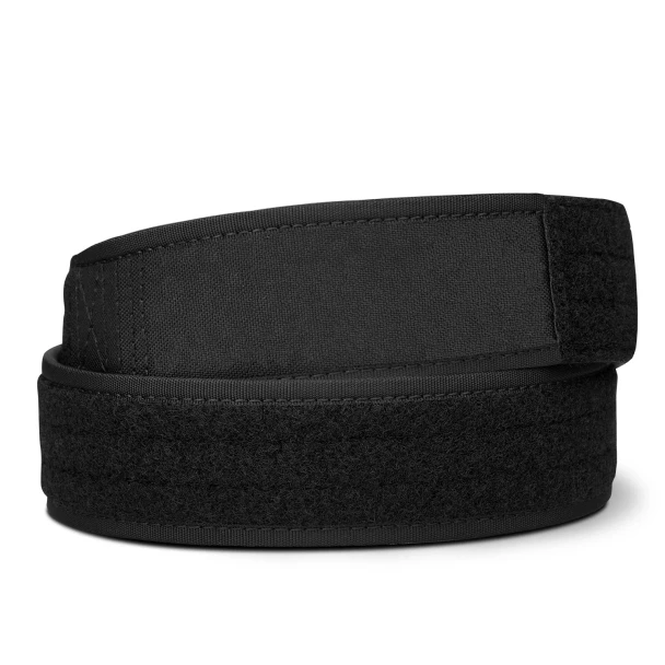 KORE Essentials Inner Belt 1.5" black coiled view showing hook and loop backing and stitched belt loop tab