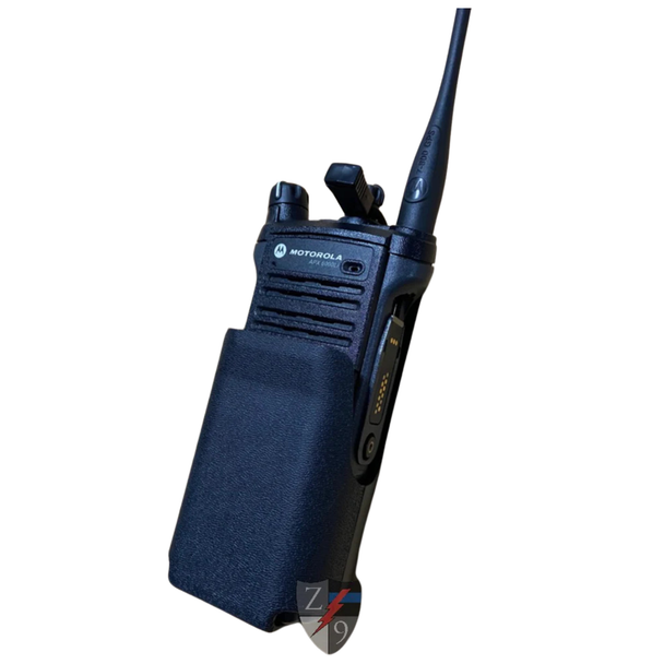 Motorola radio secured in the black Zero9 case, angled front view on a white background