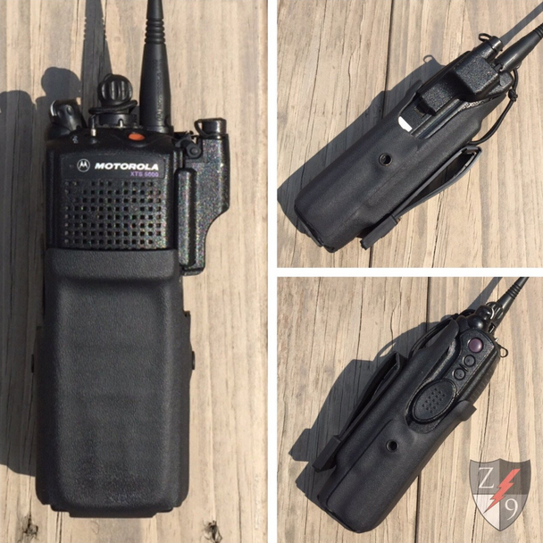 Zero9 radio case with a Motorola radio on a wood surface, with close-up inset photos of the case and clip