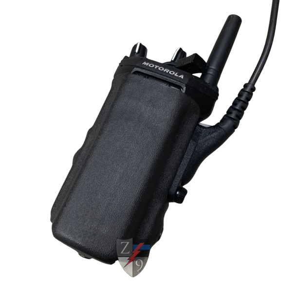 Motorola radio secured in the Zero9 case with cable attached, angled view on a white background