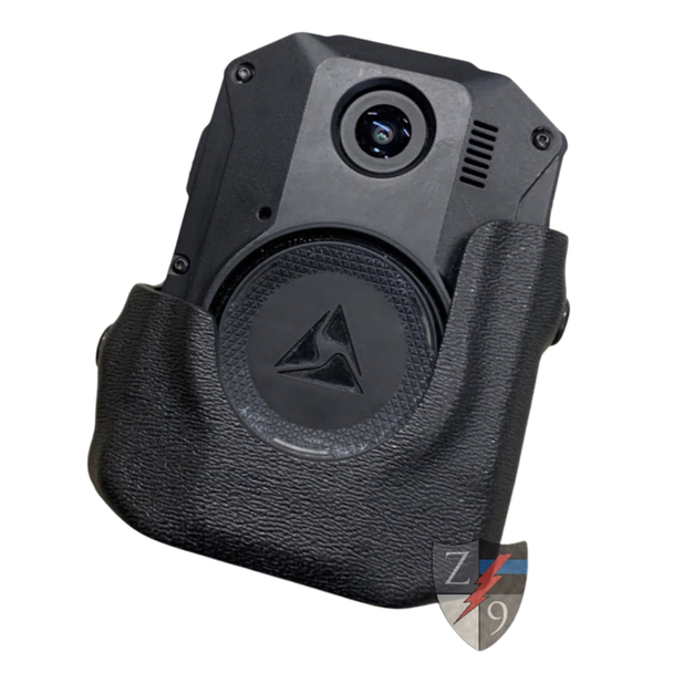 Axon body camera secured in the Zero9 case, front view on a white background