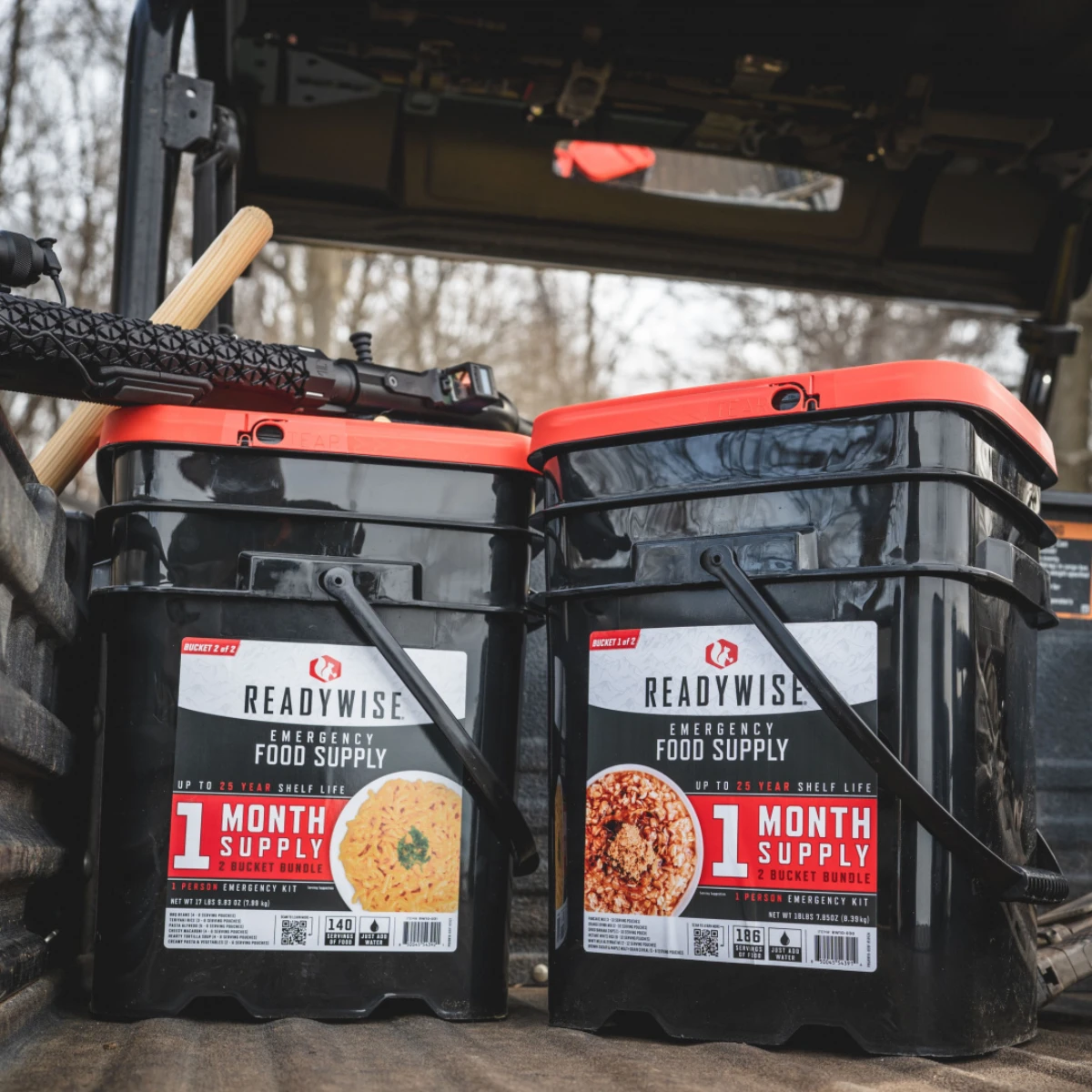 A multi-bucket emergency food supply kit