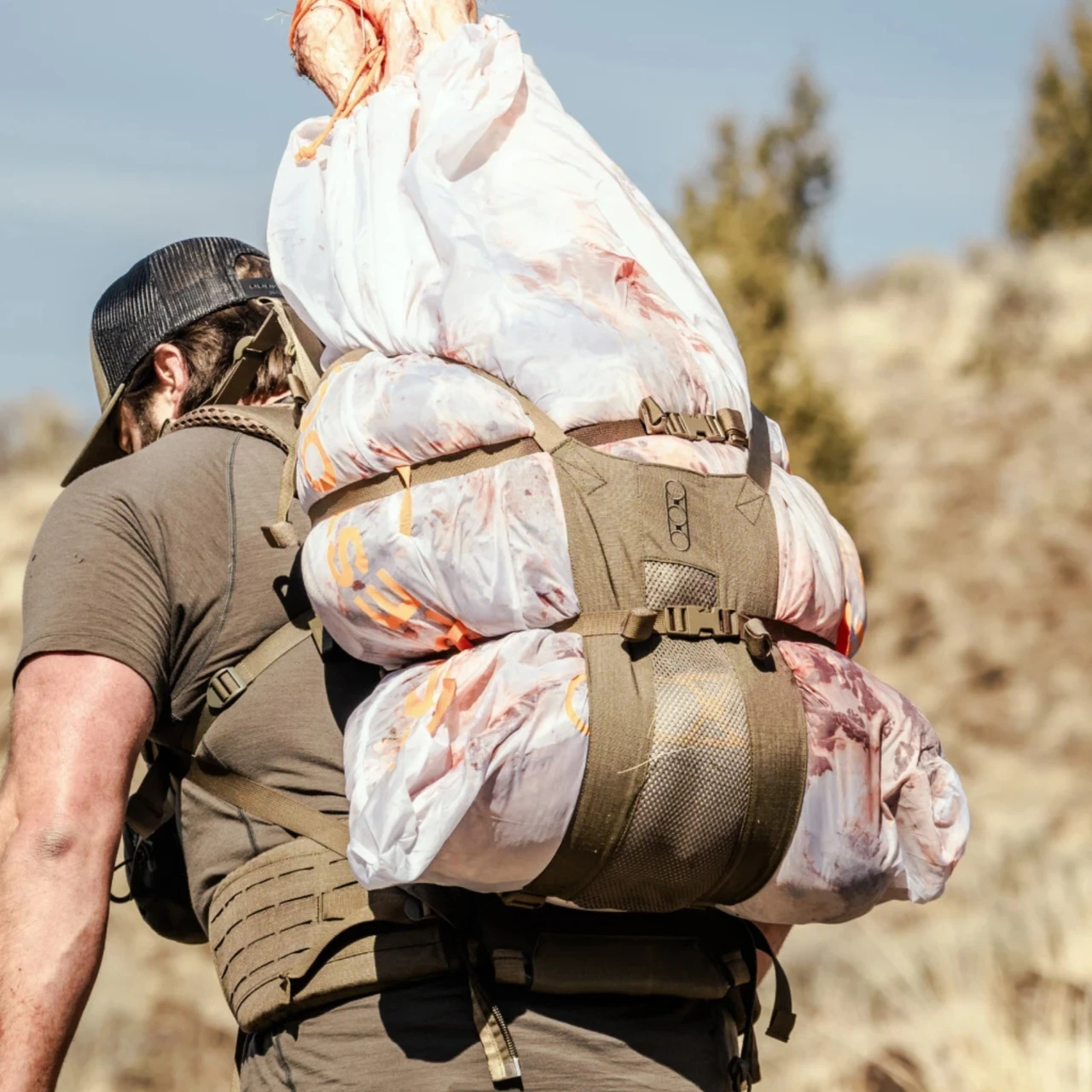 Close-up of a hunter carrying game meat in bags strapped to a frame pack