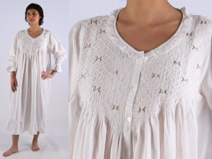 Amelia Nightgown Longsleeve (White/Pink - Button Through)