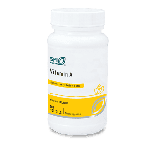SFI Health Vitamin A 25,000 IU supplement bottle, 100 softgels
