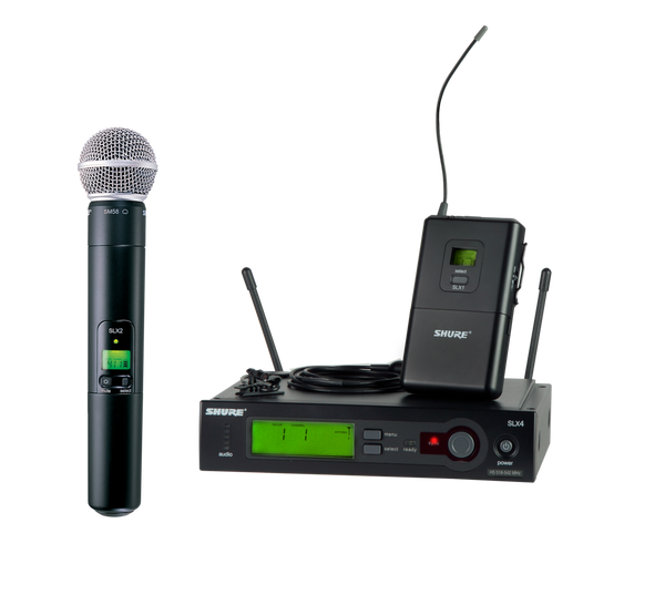 Includes SLX4 Diversity Receiver, SLX1 Bodypack Transmitter, Microflex®WL185 Cardioid Lavalier Microphone, SLX2/SM58 Handheld Transmitter with SM58 Microphone