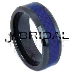 WILD GIRAFFE Black ceramic ring with blue carbon fiber inlay and bevel edge