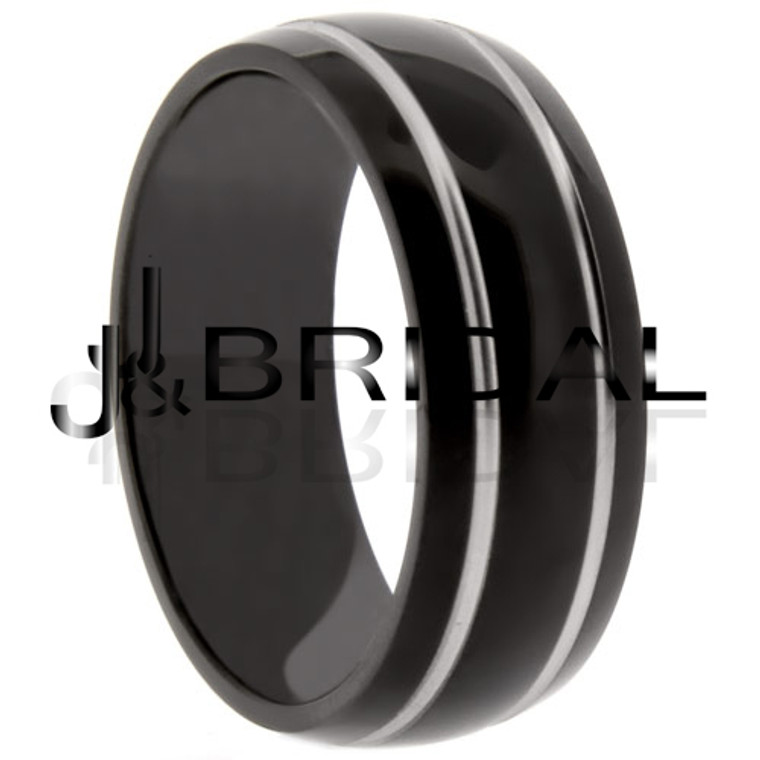 WILD GIRAFFE Black titanium band with grey grooved stripes and polished finish