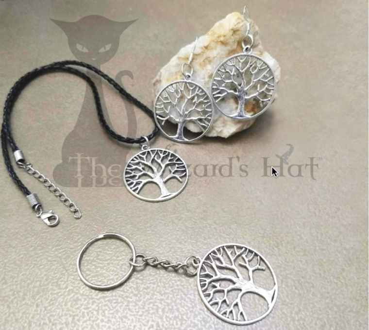 Three (3) piece set Tree of Life, in silver tone. Necklace, earrings & keychain.