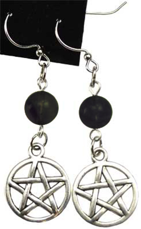 Pentagram earrings with Natural Black Obsidian crystals