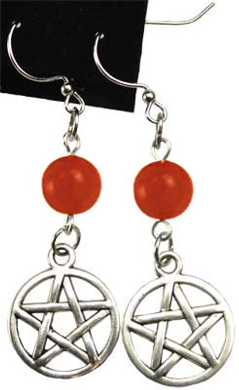 Pentagram Earrings With Natural Red Coral
