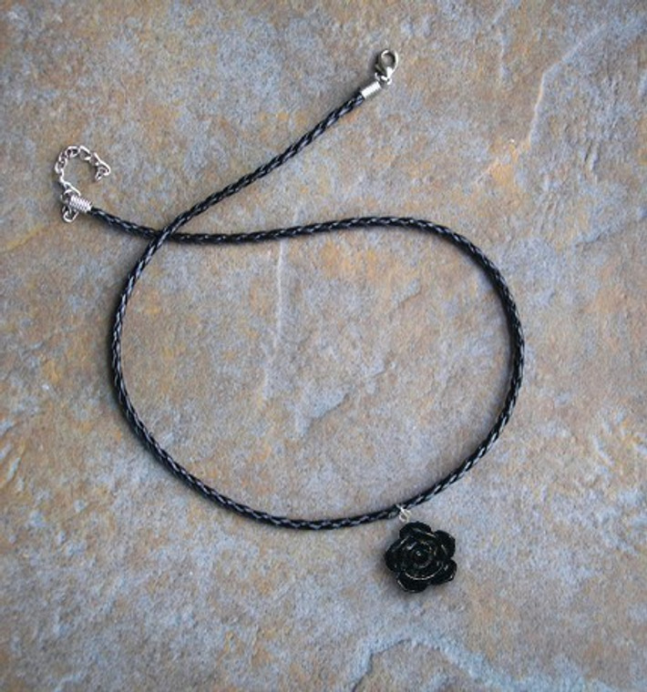 3D Black Rose Lucite charm necklace on Leather