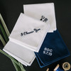 Embroidered Handkerchiefs showing the navy men's handkerchief embroidered in white. Also showing white handkerchiefs embroidered in navy.