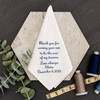 Father of the Groom Handkerchief to give our father in law. Embroidered with a raising your son message, name and wedding date in sky blue embroidery thread on a white handkerchief. Florals and embroidery thread for decoration.