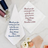 Mother in law and Father in law handkerchiefs to give the mother and father of the groom on your wedding day. Dainty white lace and white handkerchiefs embroidered with message about their son in navy blue and dusty rose threads.
