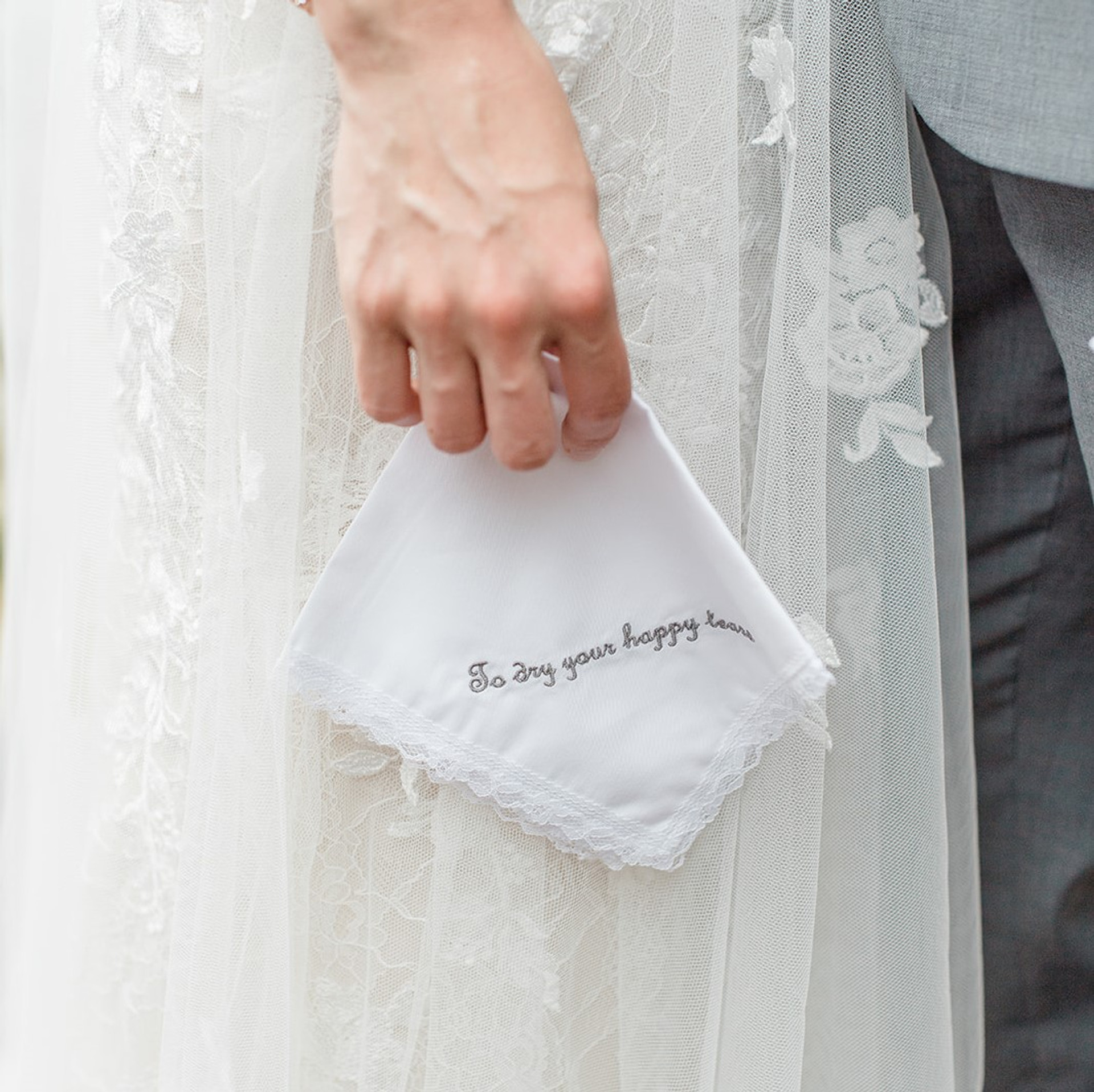 Dainty White Lace Wedding Handkerchief | Embroidered & Monogrammed