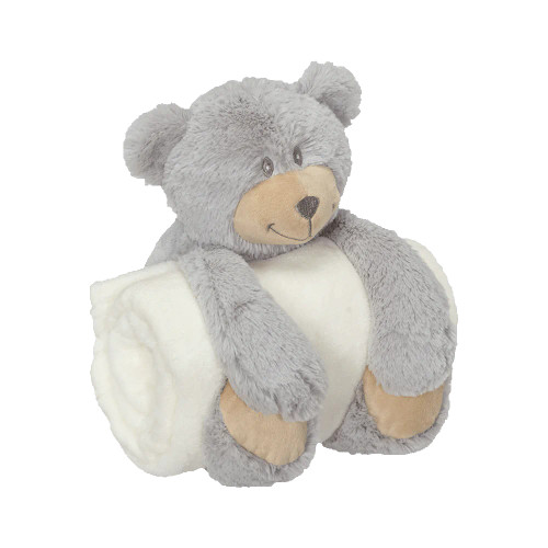 embroidered blanket hugger stuffed in animal in grey