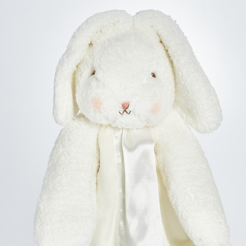 Floppy eared bunny buddy with cream blanket  that can be personalized with a name or monogram for your Little One's Comfort on-the-Go.