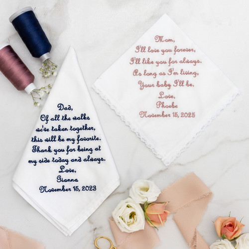 Mother and Father of the Bride handkerchief sets embroidered with poems to give on the wedding day. White handkerchiefs embroidered in navy and rose color thread.