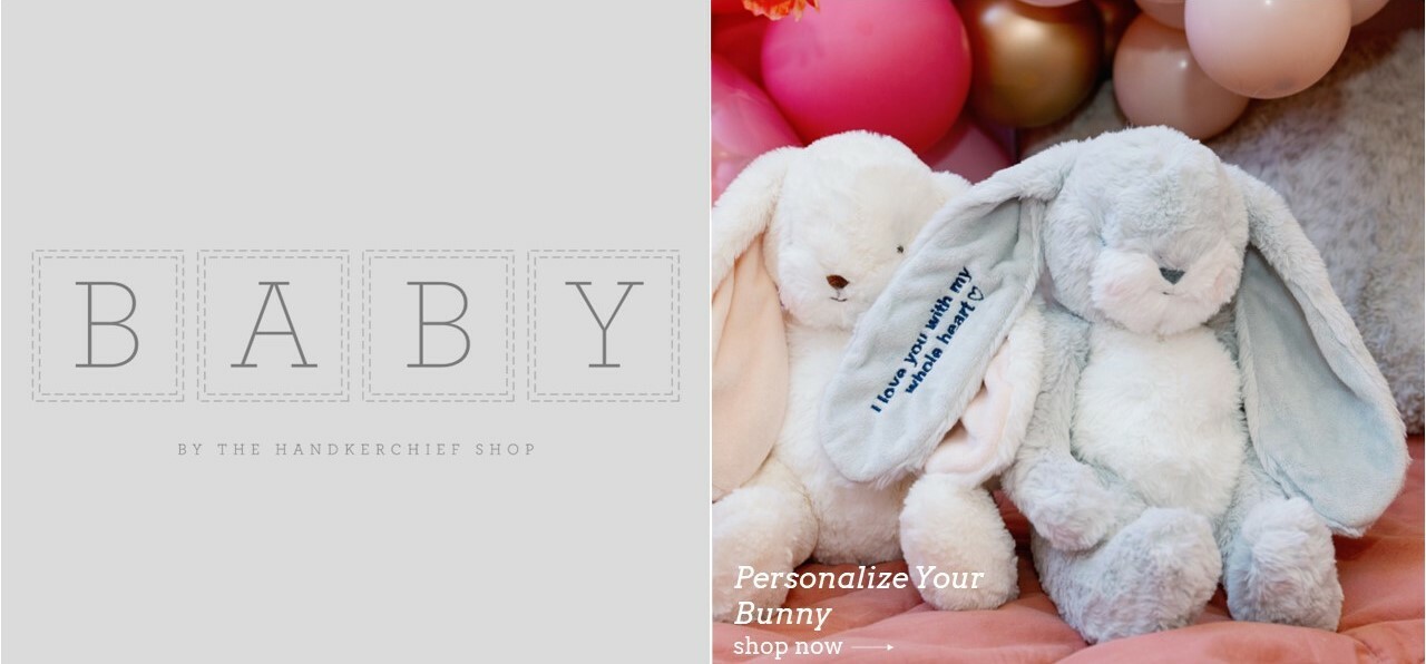 Custom embroidered stuffed bunnies for baby. Shown in gray and cream with navy embroidery thread.