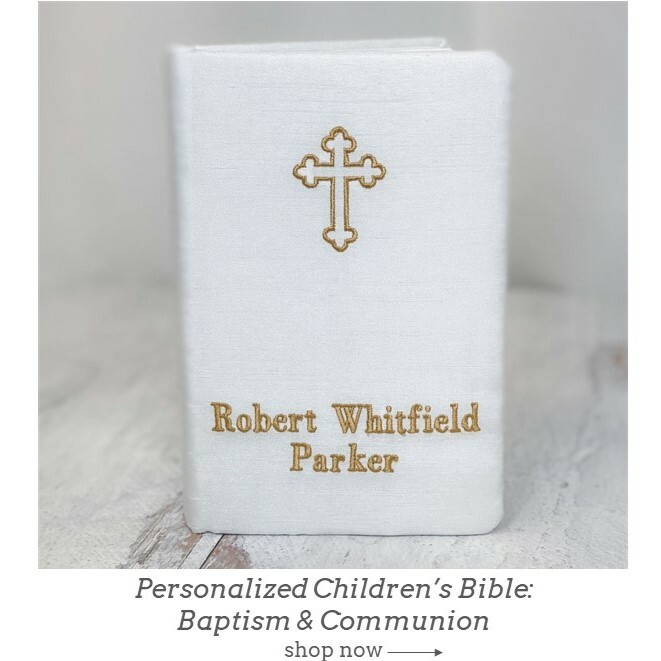 Personalized baby bible. Shown in white with gold embroidery thread.