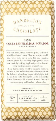 Dandelion Small Batch Chocolate70% COSTA ESMERELDAS Dark Chocolate Bar, Ecuador