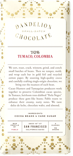Dandelion Small Batch Chocolate Bar,  70% Tumaco, Colombia