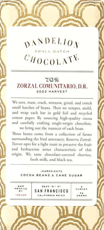 Dandelion Small Batch Chocolate 70% ZORZAL COMUNITARIO Dark Chocolate Bar, Dominican Republic