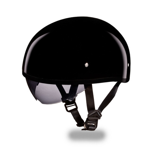 Daytona Skull Cap with Inner Shield Half Helmet Hi-Gloss Black Left with Strap Daytona Skull Cap with Inner Shield Half Helmet Hi-Gloss Black Left with Strap