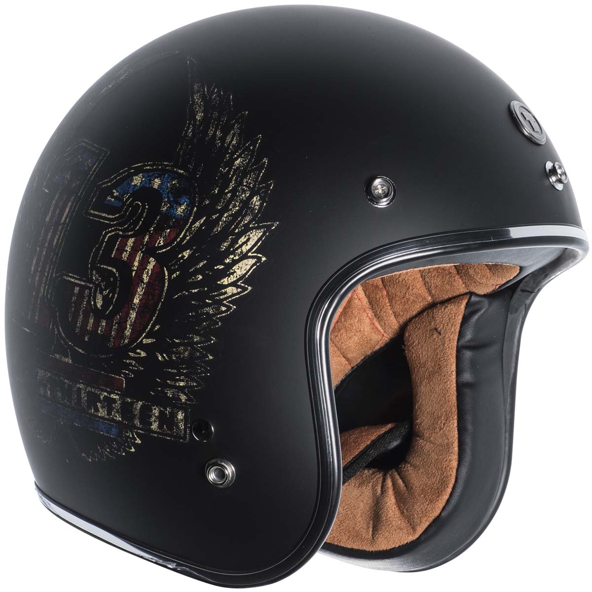 Torc Route 66 T50 Flat Black Lucky13 Wings Graphic 3/4 Open Face Helmet M 